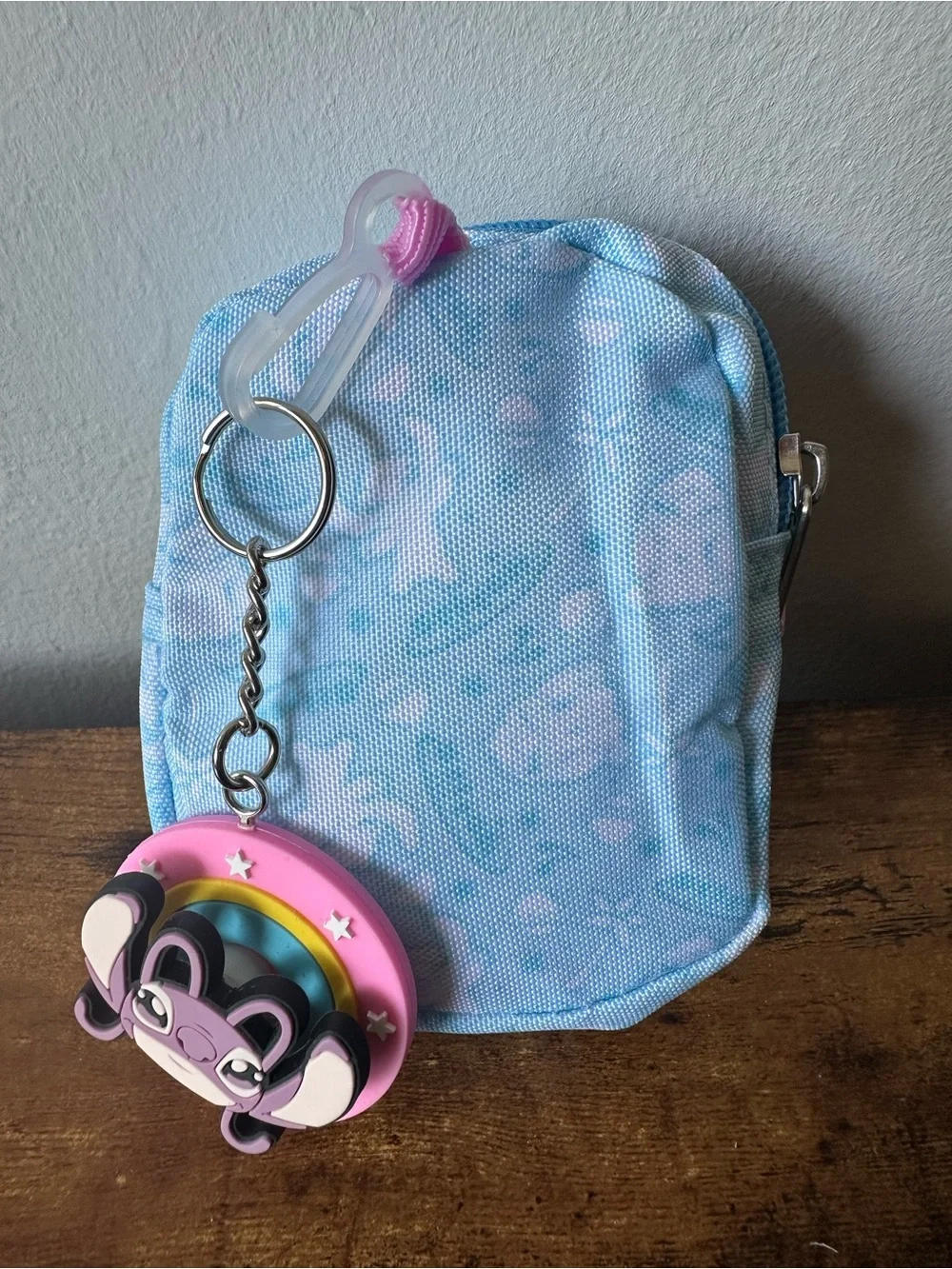 Kids Blue Stitch Bag Charm Keychain Pouch w/ Angel Spinning Keychain Charm NWOT